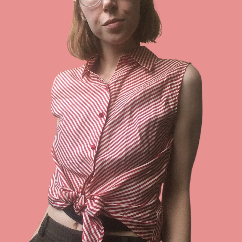 Vintage red stripe 100% silk sleeveless blouse